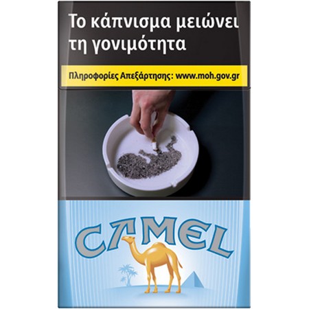 A Camel cigarette pack design with Greek warning text at the top, a photo of a hand lighting tobacco in an ashtray, and a blue lower section with the Camel logo and camel illustration.