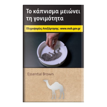 A rectangular product package or book-style cover with Greek text at the top, a photo of a hand placing a cigarette into an ashtray in the center, and a beige lower section labeled 'Essential Brown' with a white camel silhouette. The product is shown against a plain white background.