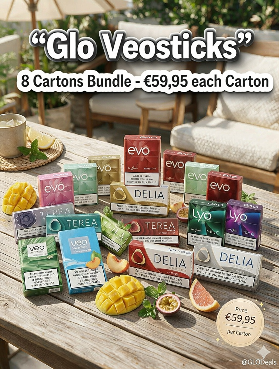 A promotional outdoor shot showing multiple evo and DELIA stick packs arranged on a wooden table with sliced mangoes, grapefruit, and a drink in a patio setting. Large text reads “Glo Veosticks” and “8 Cartons Bundle - €59,95 each Carton,” with a circular price badge at bottom right.
