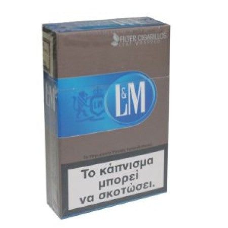A pack of L&M Filter Casilleros cigarette packs, featuring a brown and blue design with a prominent white warning label in Greek on the front.
