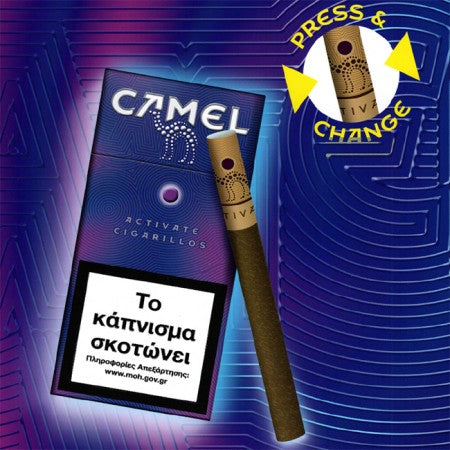 Camel IV Activated Cigarillos product packaging and a single cigar shown on a stylized blue and purple background with a 'PRESS & CHANGE' graphic and a health warning label.