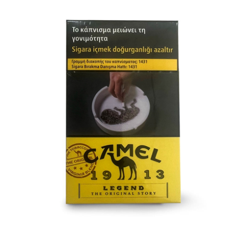A Camel 1913 Legend cigarette pack shown upright on a plain white background. The pack has a black upper section with a smoking hand graphic and yellow warning text, plus a large yellow lower section with the Camel logo and camel silhouette.