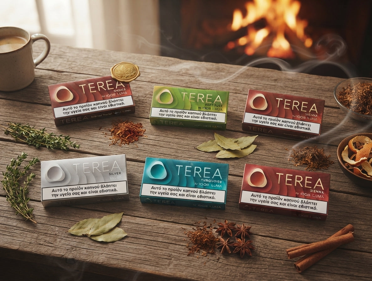 Five TEREAA nicotine pouch boxes in different flavors are arranged on a rustic wooden table with herbs, spices, a mug of coffee, and a warm fireplace in the background.
