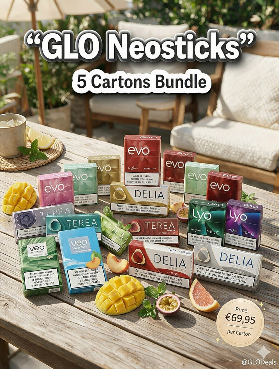 A promotional outdoor shot showing multiple boxed vape products arranged on a wooden table in a patio setting. Large text at the top reads “GLO Neosticks” and “5 Cartons Bundle,” with a price badge in the lower right.