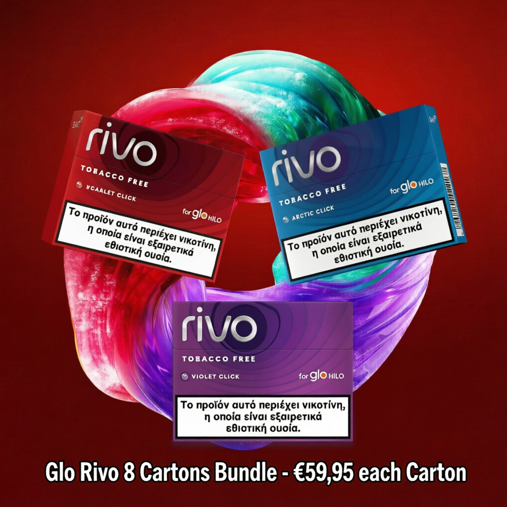 Promotional graphic for a Glo Rivo 8 cartons bundle, showing three colorful lollipop-shaped cartons in red, blue, and purple with warning labels, on a dark red background with text at the bottom.