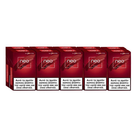 Glo Neo Demi Slims Scarlet Heated Tobacco Red boxes labeled 'neo' with Greek text on a white background