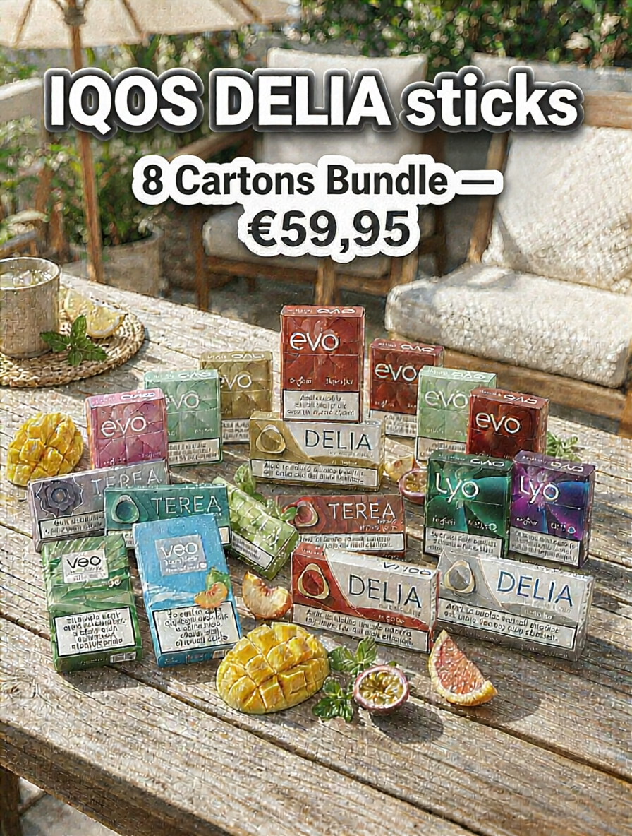 An outdoor scene on a wooden table with multiple IQOS DELIA stick packs arranged in front of patio furniture. Large overlaid text reads 'IQOS DELIA sticks' and '8 Cartons Bundle — €59,95'.