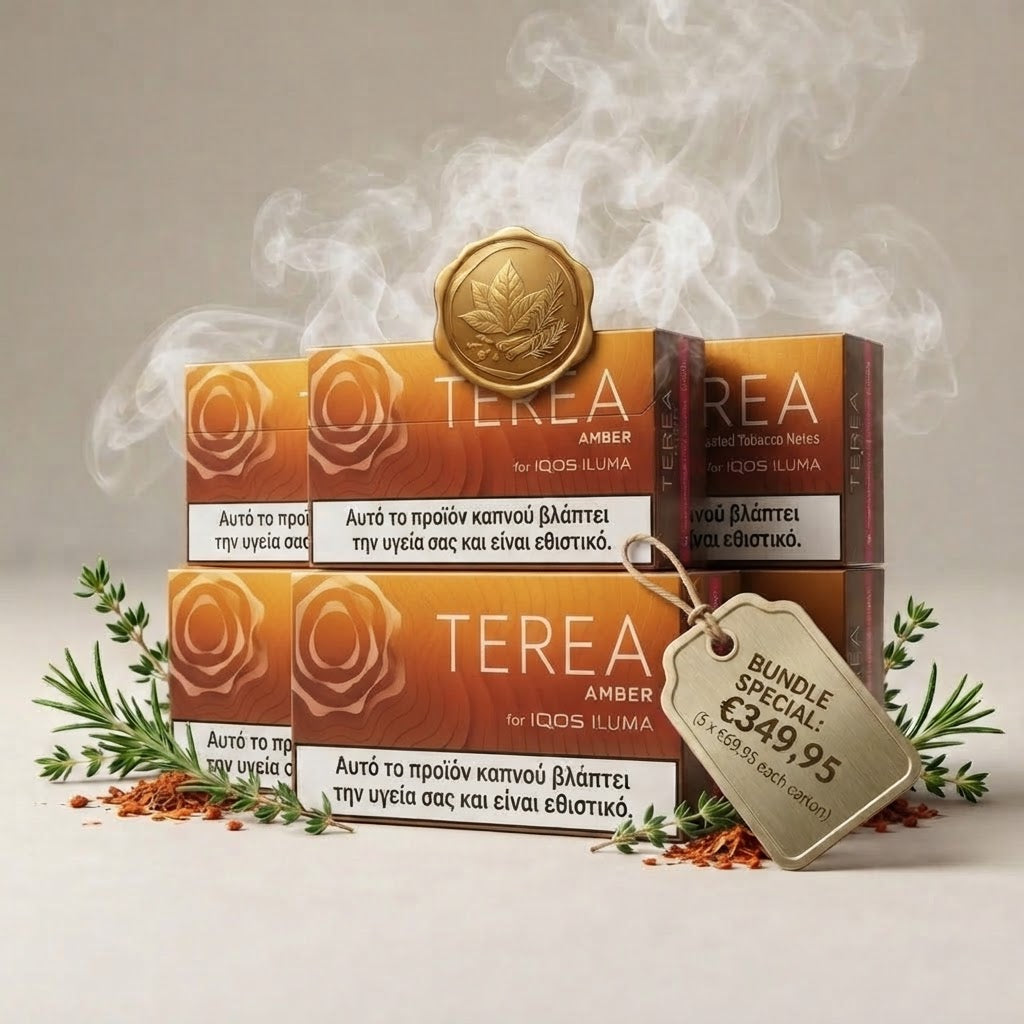 Four boxes of Terea Amber for QIOS ILUMA tobacco news arranged in a bundle with decorative rosemary sprigs, dried red spices, a gold coin, and a hanging price tag on a light beige background with soft smoke effects.