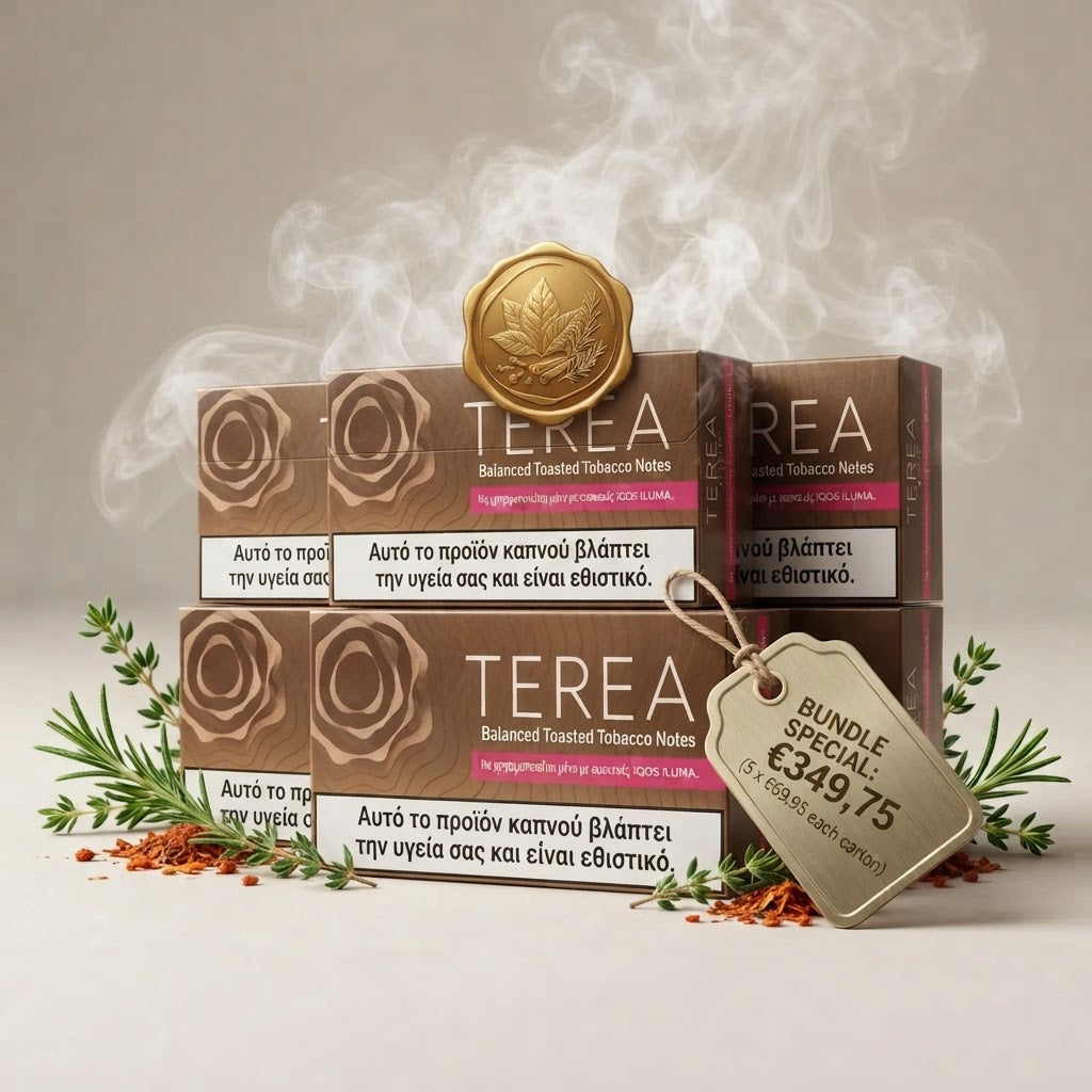 Four boxes of TERA Balanced Roasted Tobacco Noses arranged in a bundle with decorative rose petals, green sprigs, and a hanging price tag on a beige background with a gold seal and smoke effect.