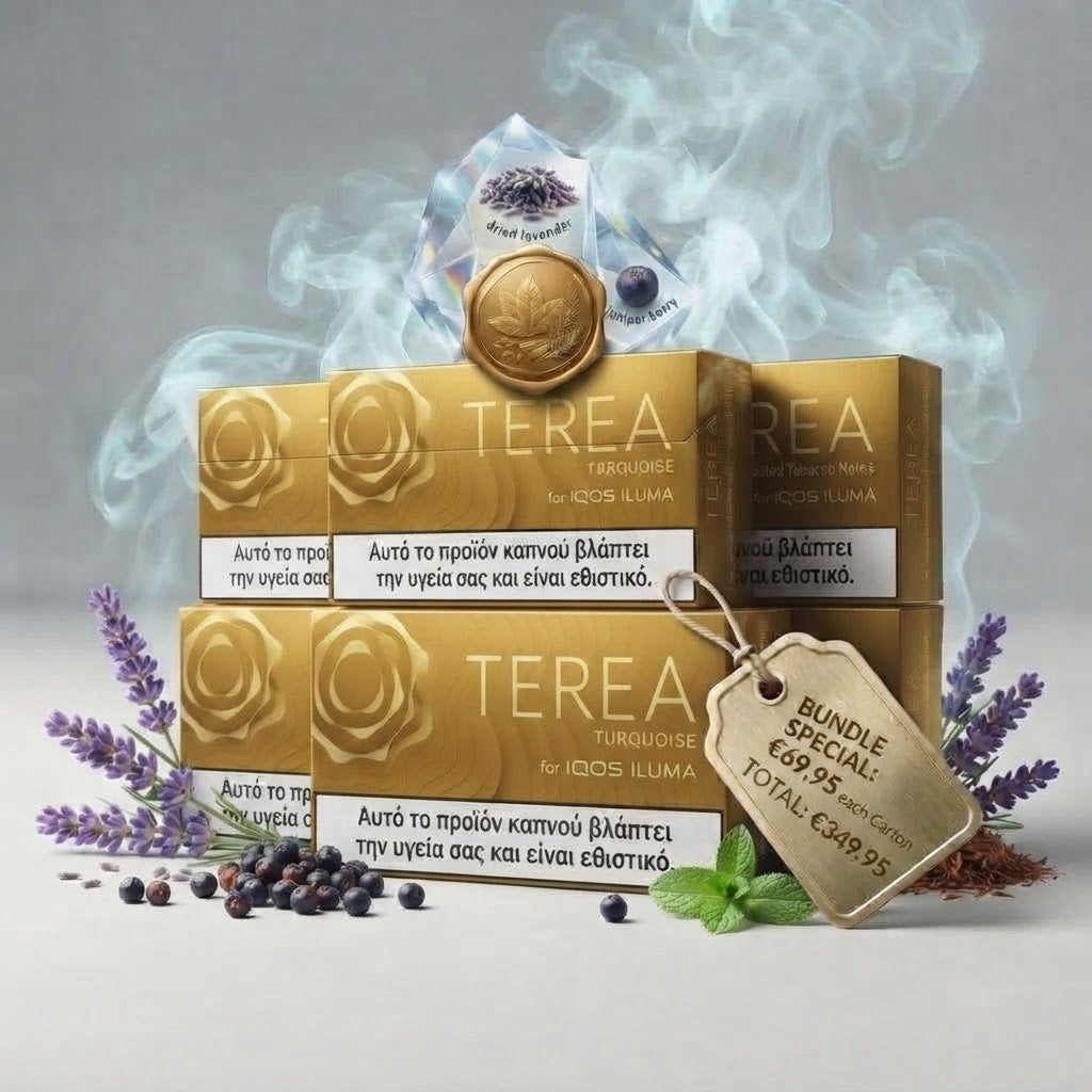 A bundle of four TERA Turquoise for Iodis Ilima tobacco boxes arranged in a stack, decorated with purple lavender sprigs, dark berries, a gold medallion, and a hanging price tag, with stylized smoke rising behind them on a light gray background.