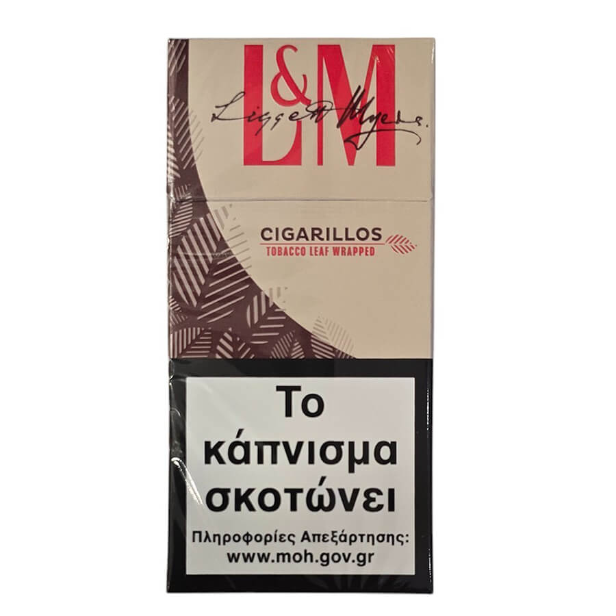 L&M Cigarillos Tobacco Leaf Wrapped pack with a beige and brown patterned design and a prominent black health warning label in Greek at the bottom.