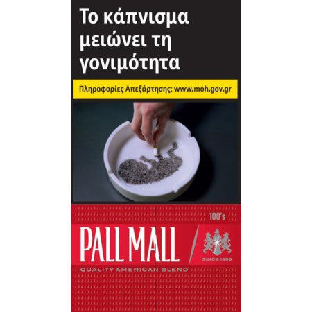 A warning poster for Pall Mall tobacco smoke, featuring Greek text, a hand dropping ash into a white bowl, and a red bottom banner with the Pall Mall logo.