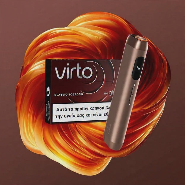 Virto classic tobacco packaging with a smoking device on a swirling red and orange background