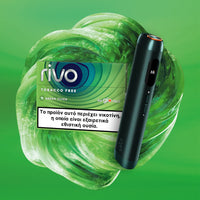 Rivo tobacco-free device and packaging on a green background