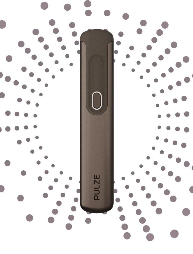 An electronic device resembling a Pulze tobacco kit in a rich copper color, displayed against a patterned background.