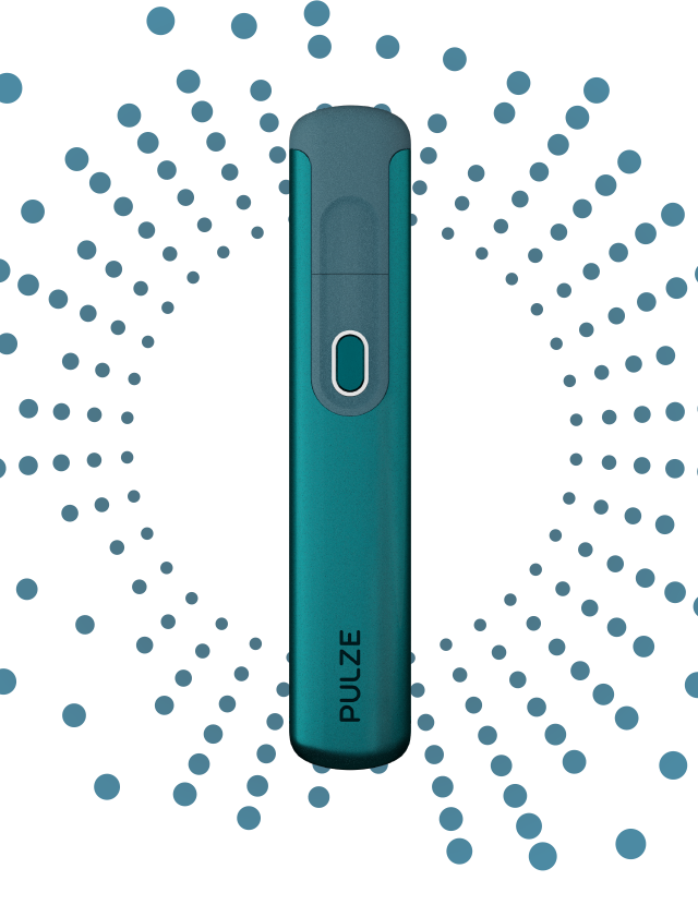 An electronic Pulze Tobacco Kit in Deep Teal color with a sleek design against a blue background with radiating dots.